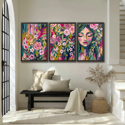 A woman's portrait surrounded by vivid flowers and expressive colorful marks 3 piece framed canvas wall art displayed in a entryway