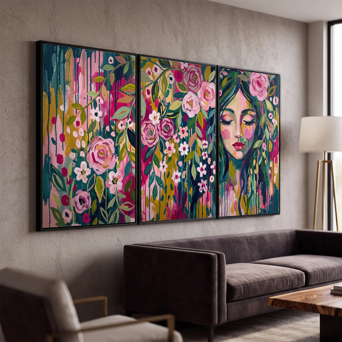 A woman's portrait surrounded by vivid flowers and expressive colorful marks 3 piece framed canvas wall art displayed in a modern living room