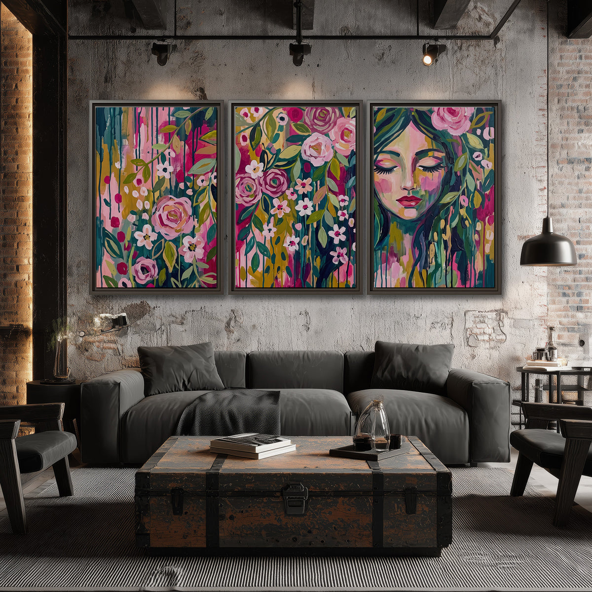 A woman's portrait surrounded by vivid flowers and expressive colorful marks 3 piece framed canvas wall art displayed in a industrial room