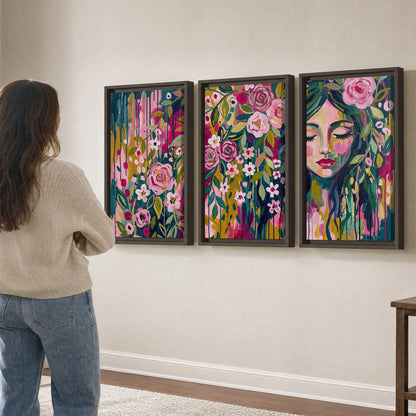 A woman's portrait surrounded by vivid flowers and expressive colorful marks 3 piece framed canvas wall art three panel arrangement on a wall