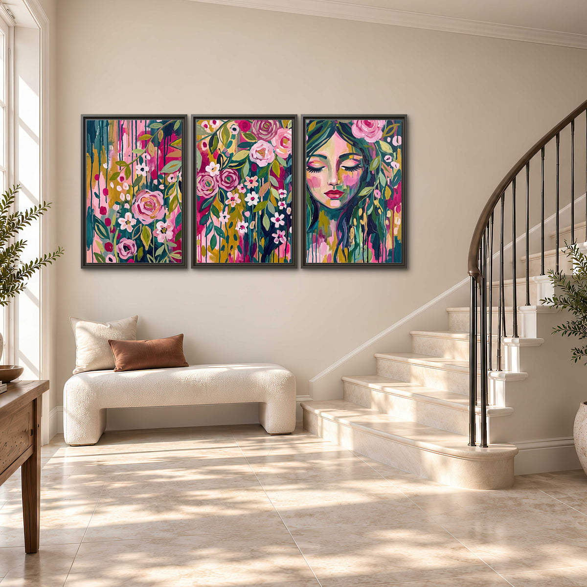 A woman's portrait surrounded by vivid flowers and expressive colorful marks 3 piece framed canvas wall art styled in an interior