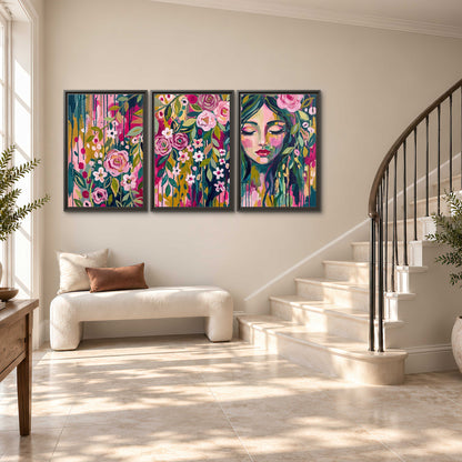 A woman's portrait surrounded by vivid flowers and expressive colorful marks 3 piece framed canvas wall art styled in an interior