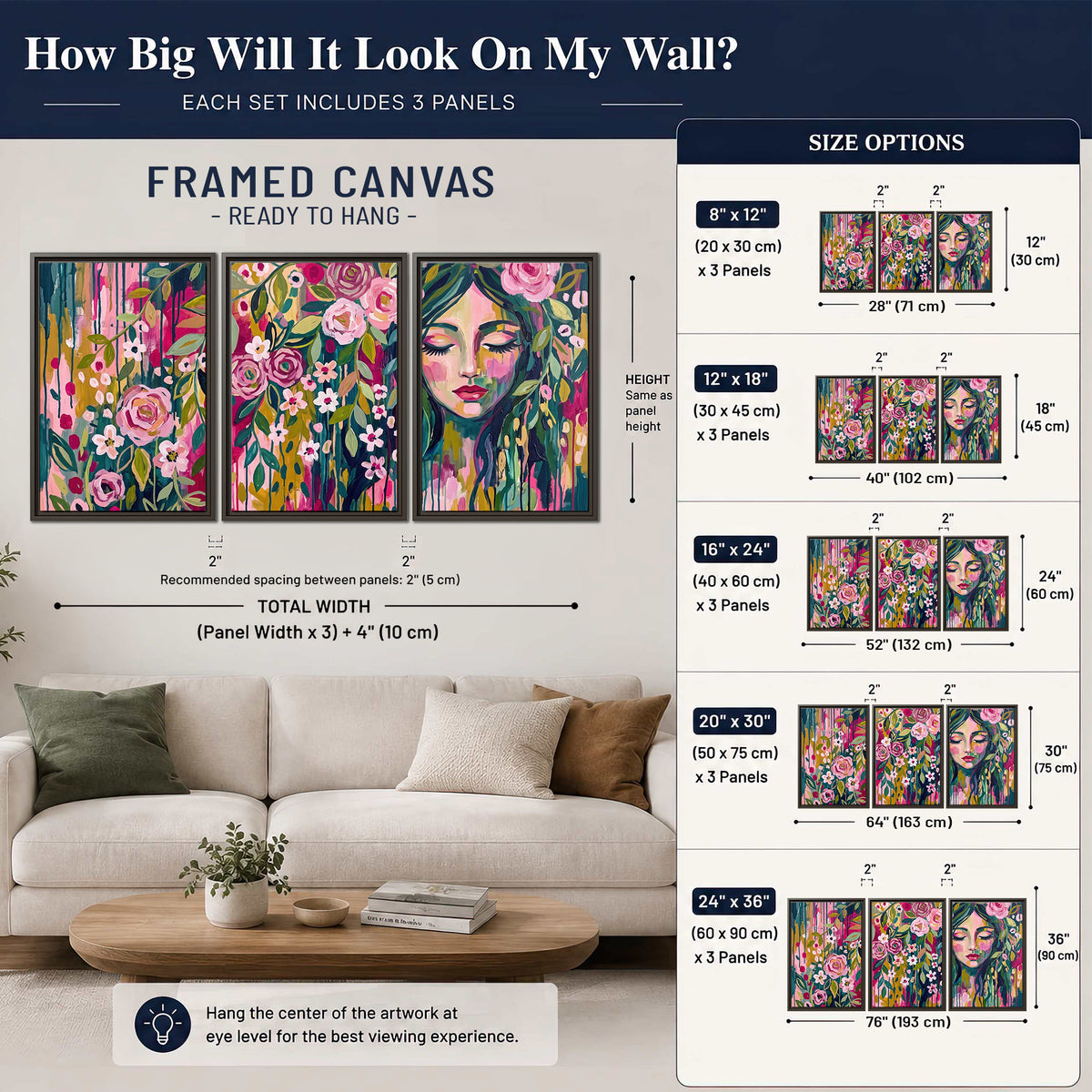 A woman's portrait surrounded by vivid flowers and expressive colorful marks 3 piece framed canvas wall art size guide above a sofa; room view is illustrative