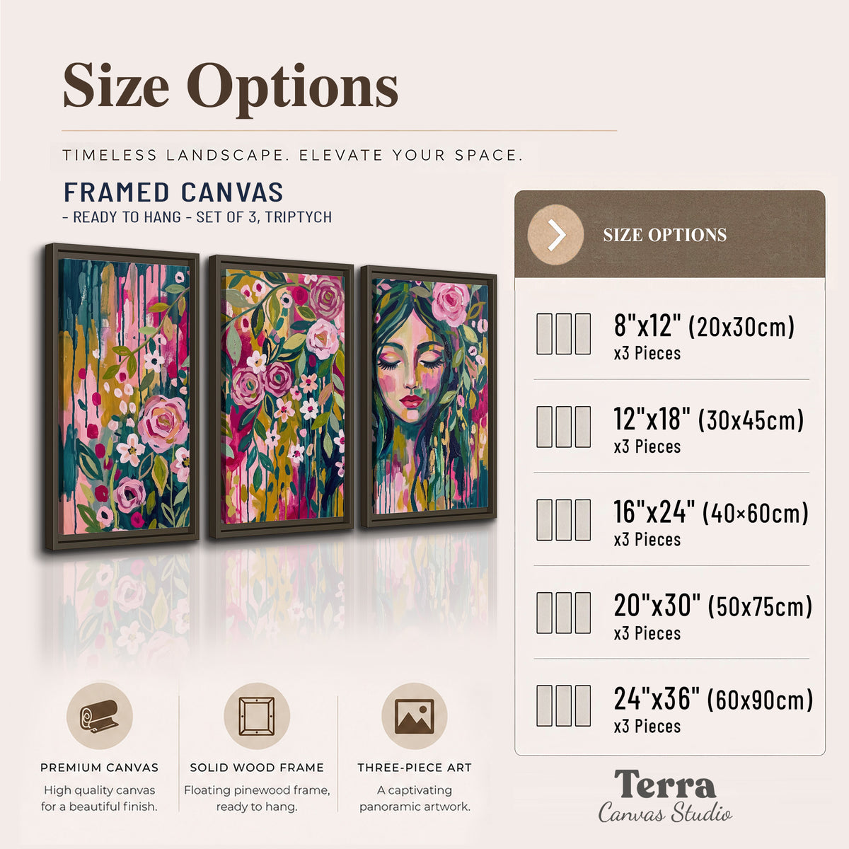A woman's portrait surrounded by vivid flowers and expressive colorful marks 3 piece framed canvas wall art available dimensions; triptych dimensions are per panel