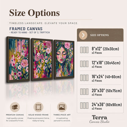 A woman's portrait surrounded by vivid flowers and expressive colorful marks 3 piece framed canvas wall art available dimensions; triptych dimensions are per panel