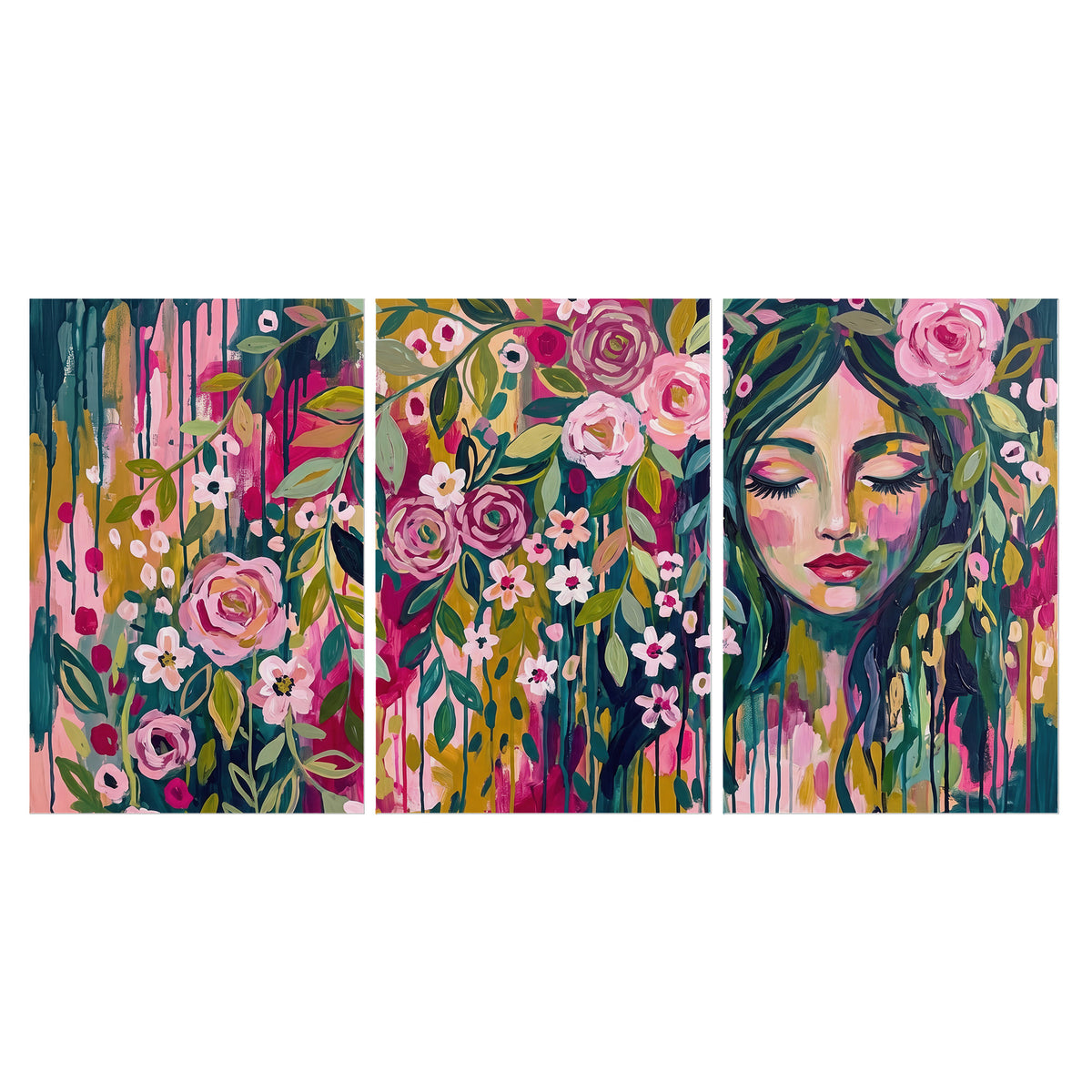 A woman's portrait surrounded by vivid flowers and expressive colorful marks set of 3 poster prints viewed straight on