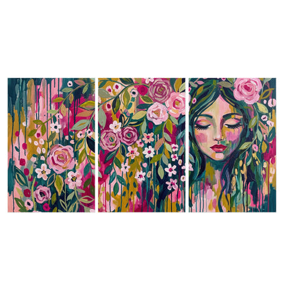 A woman's portrait surrounded by vivid flowers and expressive colorful marks set of 3 poster prints viewed straight on
