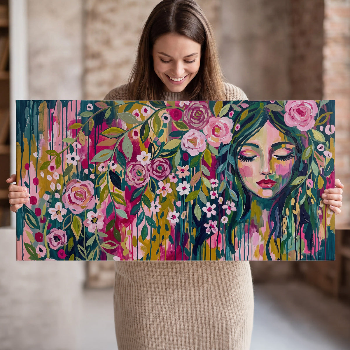 A woman's portrait surrounded by vivid flowers and expressive colorful marks single canvas wall art held in hands