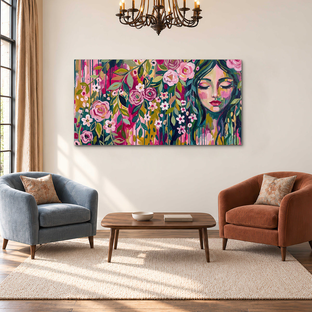 A woman's portrait surrounded by vivid flowers and expressive colorful marks single canvas wall art styled in an interior