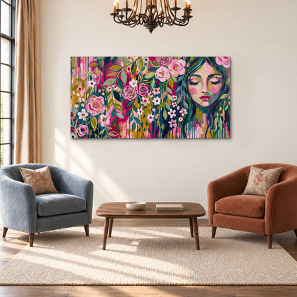 A woman's portrait surrounded by vivid flowers and expressive colorful marks single canvas wall art styled in an interior