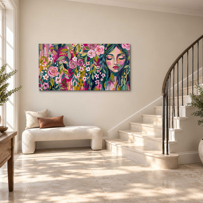 A woman's portrait surrounded by vivid flowers and expressive colorful marks single canvas wall art styled in an interior