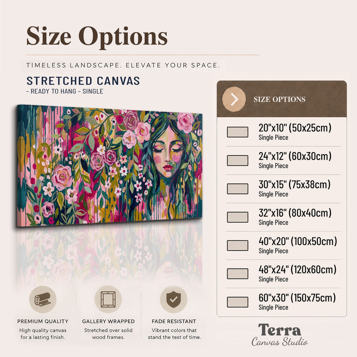 A woman's portrait surrounded by vivid flowers and expressive colorful marks single canvas wall art available dimensions