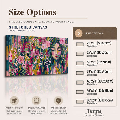 A woman's portrait surrounded by vivid flowers and expressive colorful marks single canvas wall art available dimensions