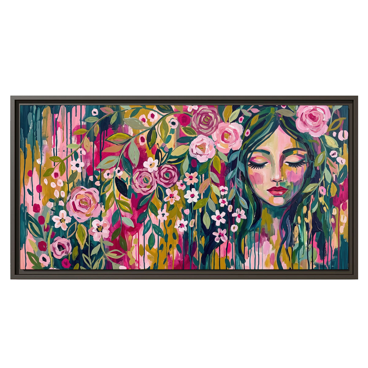 A woman's portrait surrounded by vivid flowers and expressive colorful marks single framed canvas wall art viewed straight on
