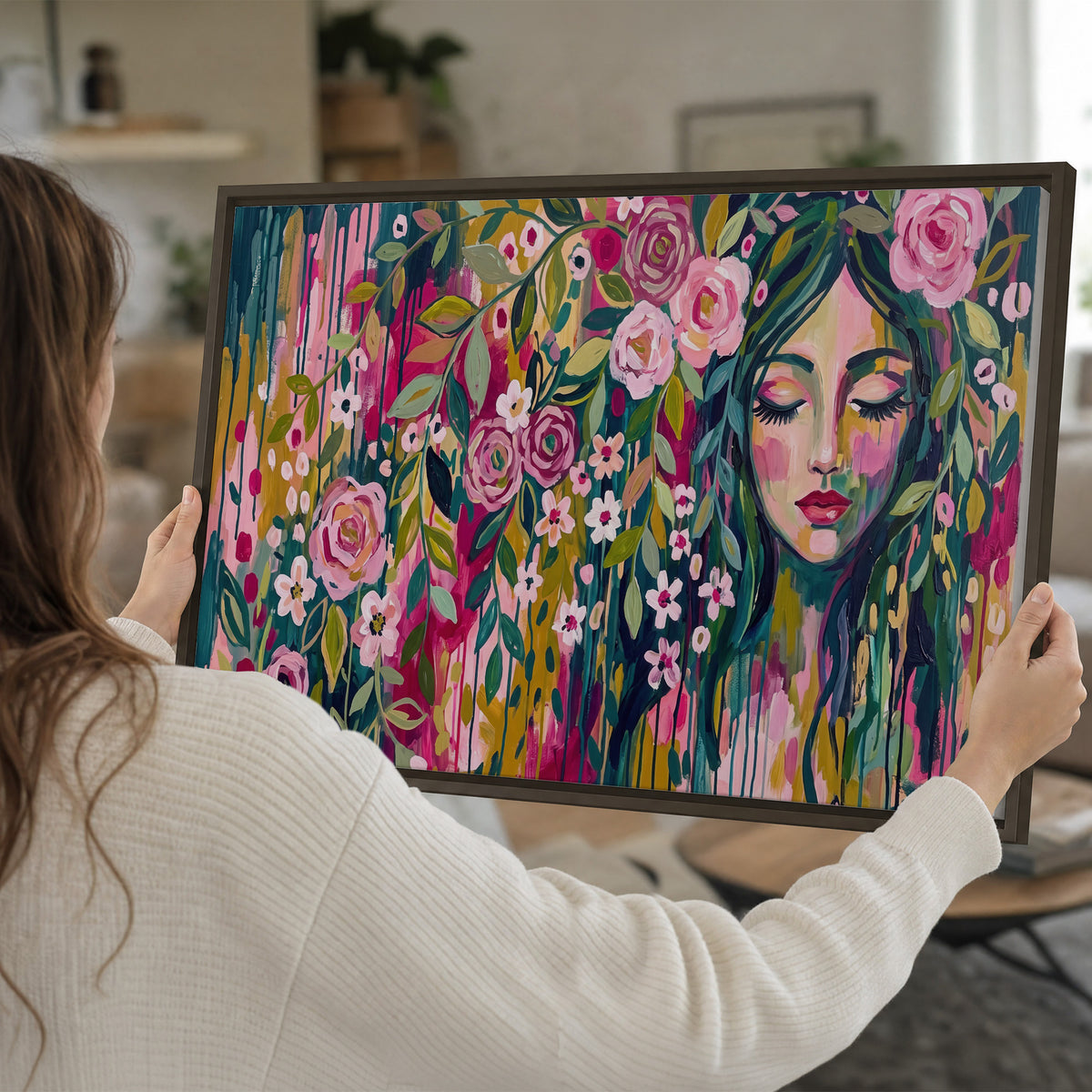 A woman's portrait surrounded by vivid flowers and expressive colorful marks single framed canvas wall art held in hands