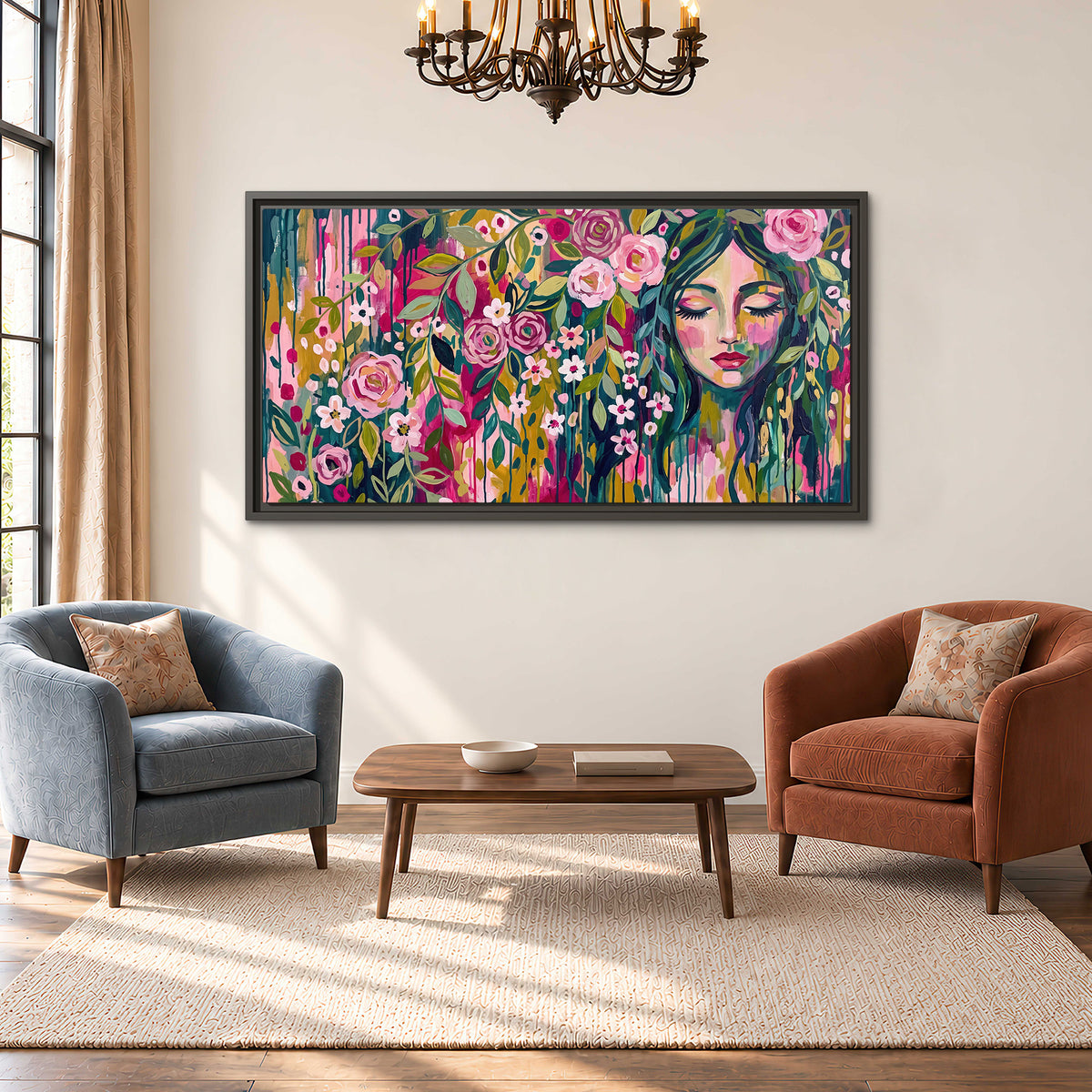 A woman's portrait surrounded by vivid flowers and expressive colorful marks single framed canvas wall art styled in an interior