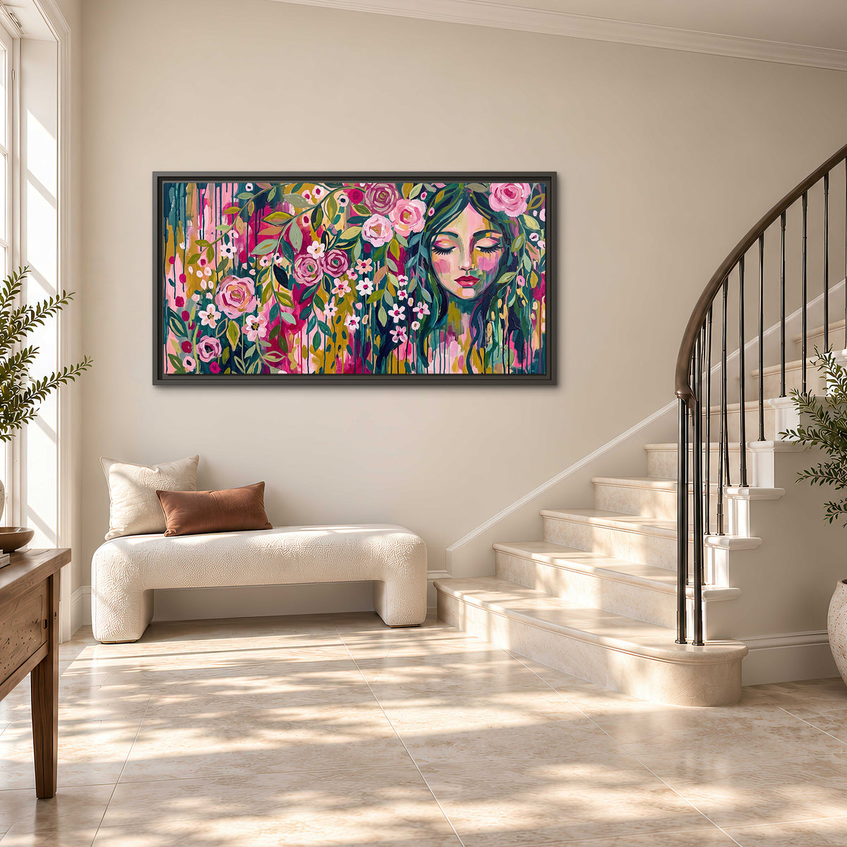 A woman's portrait surrounded by vivid flowers and expressive colorful marks single framed canvas wall art styled in an interior