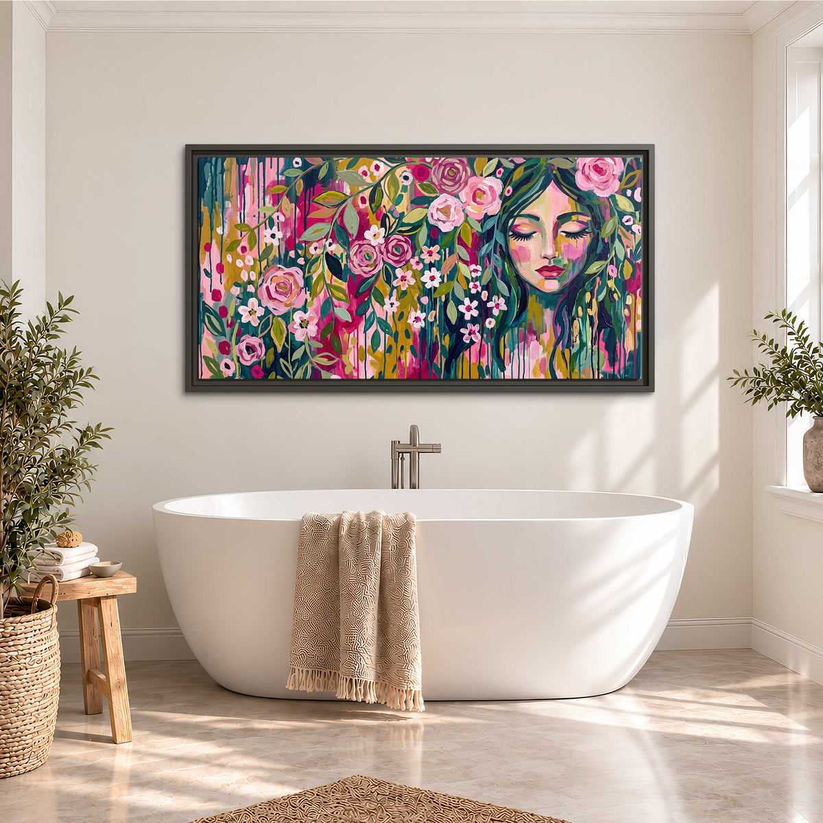 A woman's portrait surrounded by vivid flowers and expressive colorful marks single framed canvas wall art styled in an interior