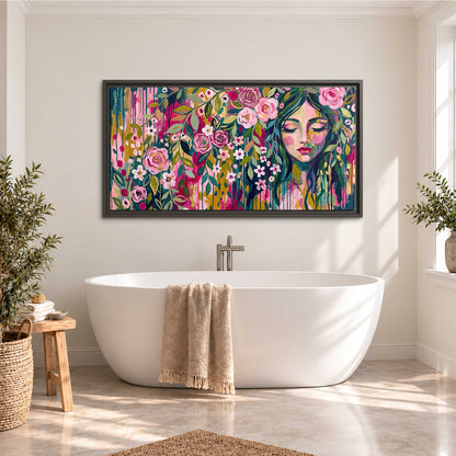 A woman's portrait surrounded by vivid flowers and expressive colorful marks single framed canvas wall art styled in an interior