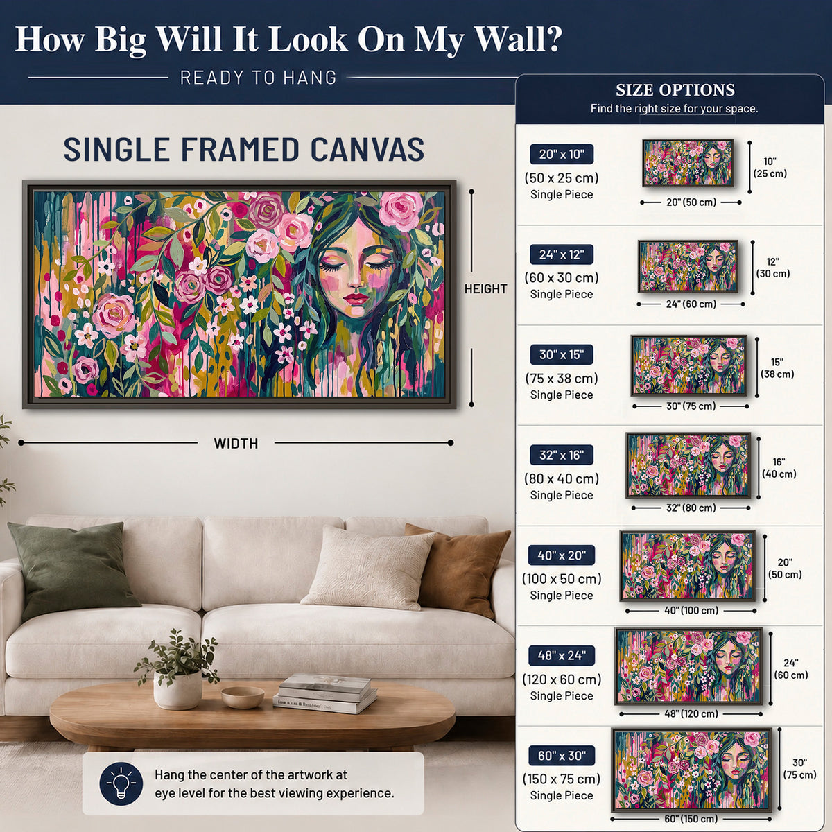 A woman's portrait surrounded by vivid flowers and expressive colorful marks single framed canvas wall art size guide above a sofa; room view is illustrative