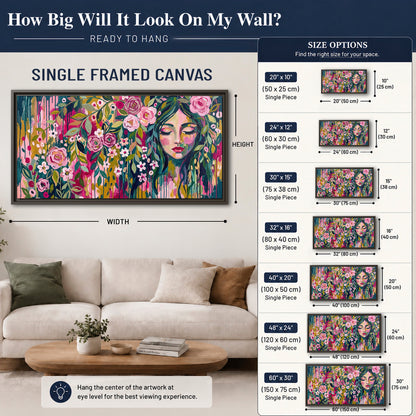A woman's portrait surrounded by vivid flowers and expressive colorful marks single framed canvas wall art size guide above a sofa; room view is illustrative
