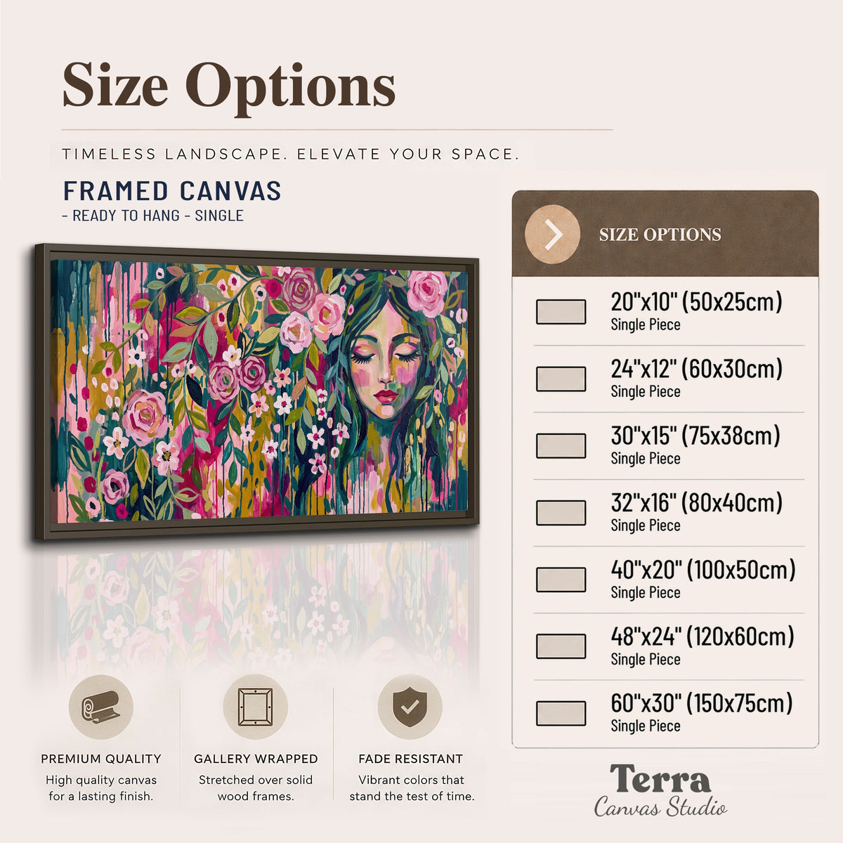 A woman's portrait surrounded by vivid flowers and expressive colorful marks single framed canvas wall art available dimensions