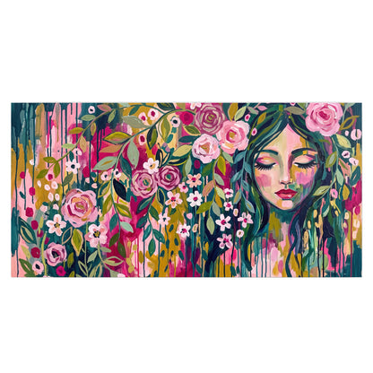 A woman's portrait surrounded by vivid flowers and expressive colorful marks single poster print viewed straight on