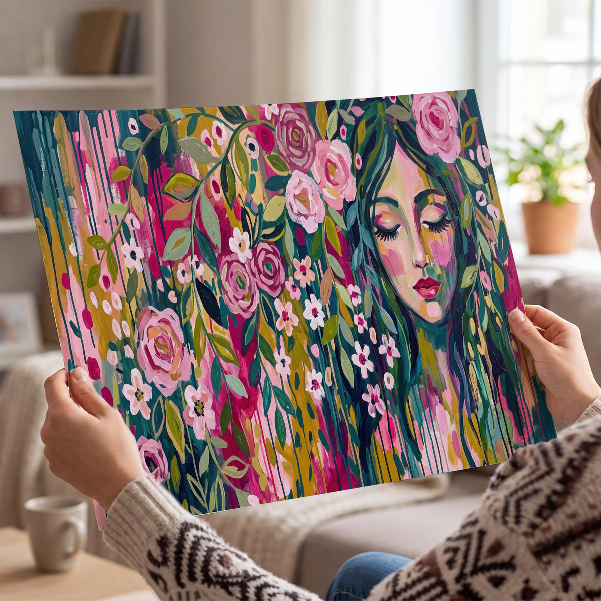 A woman's portrait surrounded by vivid flowers and expressive colorful marks single poster print held in hands