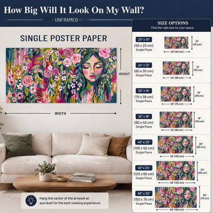 A woman's portrait surrounded by vivid flowers and expressive colorful marks single poster print size guide above a sofa; room view is illustrative