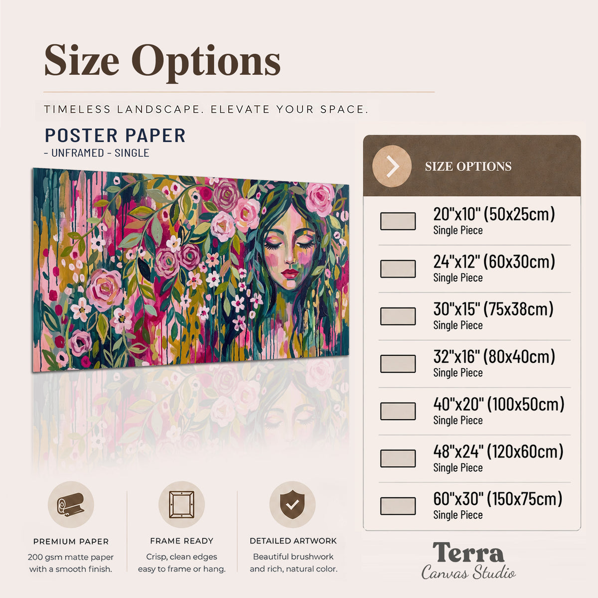 A woman's portrait surrounded by vivid flowers and expressive colorful marks single poster print available dimensions