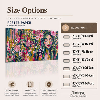 A woman's portrait surrounded by vivid flowers and expressive colorful marks single poster print available dimensions