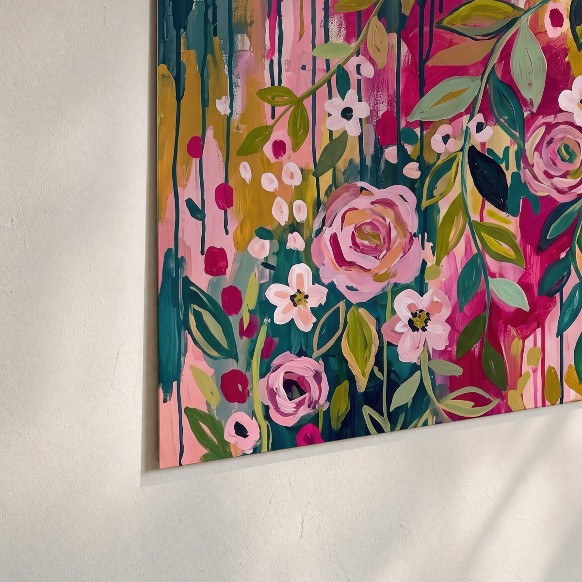 A woman's portrait surrounded by vivid flowers and expressive colorful marks set of 3 poster prints material and edge close up