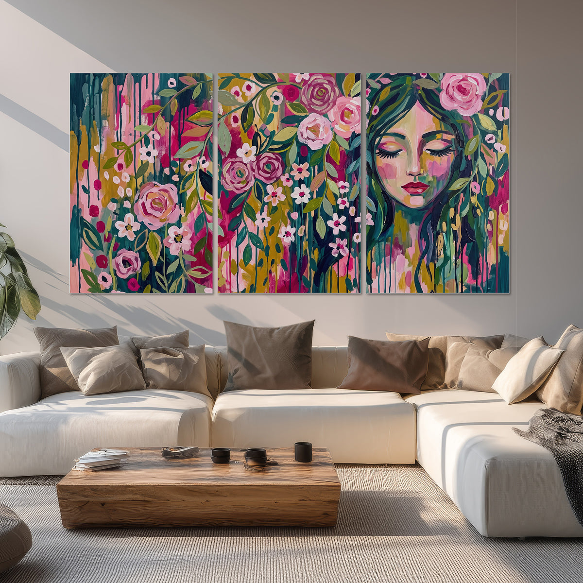 A woman's portrait surrounded by vivid flowers and expressive colorful marks set of 3 poster prints displayed in a living room