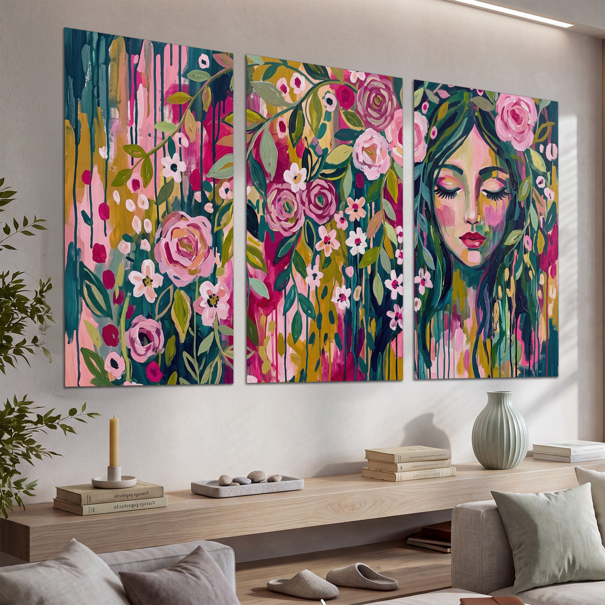 A woman's portrait surrounded by vivid flowers and expressive colorful marks set of 3 poster prints displayed in a console