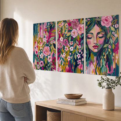 A woman's portrait surrounded by vivid flowers and expressive colorful marks set of 3 poster prints three panel arrangement on a wall