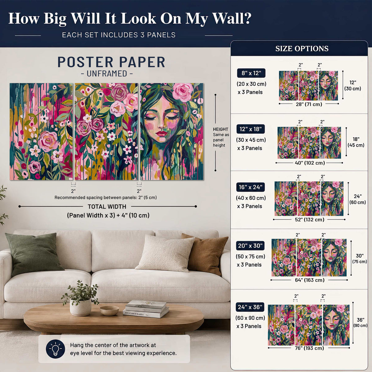 A woman's portrait surrounded by vivid flowers and expressive colorful marks set of 3 poster prints size guide above a sofa; room view is illustrative