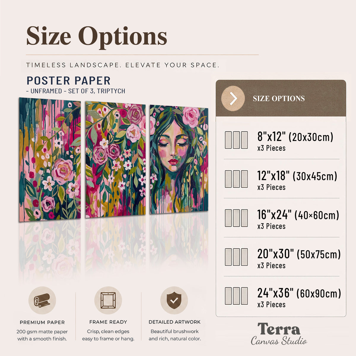 A woman's portrait surrounded by vivid flowers and expressive colorful marks set of 3 poster prints available dimensions; triptych dimensions are per panel