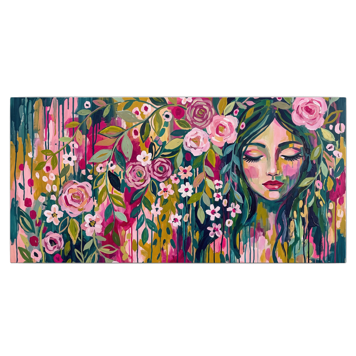 A woman's portrait surrounded by vivid flowers and expressive colorful marks single canvas wall art viewed straight on