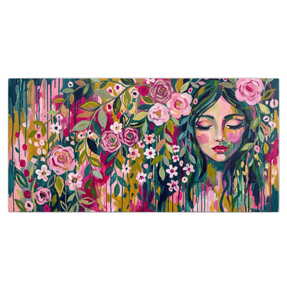 A woman's portrait surrounded by vivid flowers and expressive colorful marks single canvas wall art viewed straight on