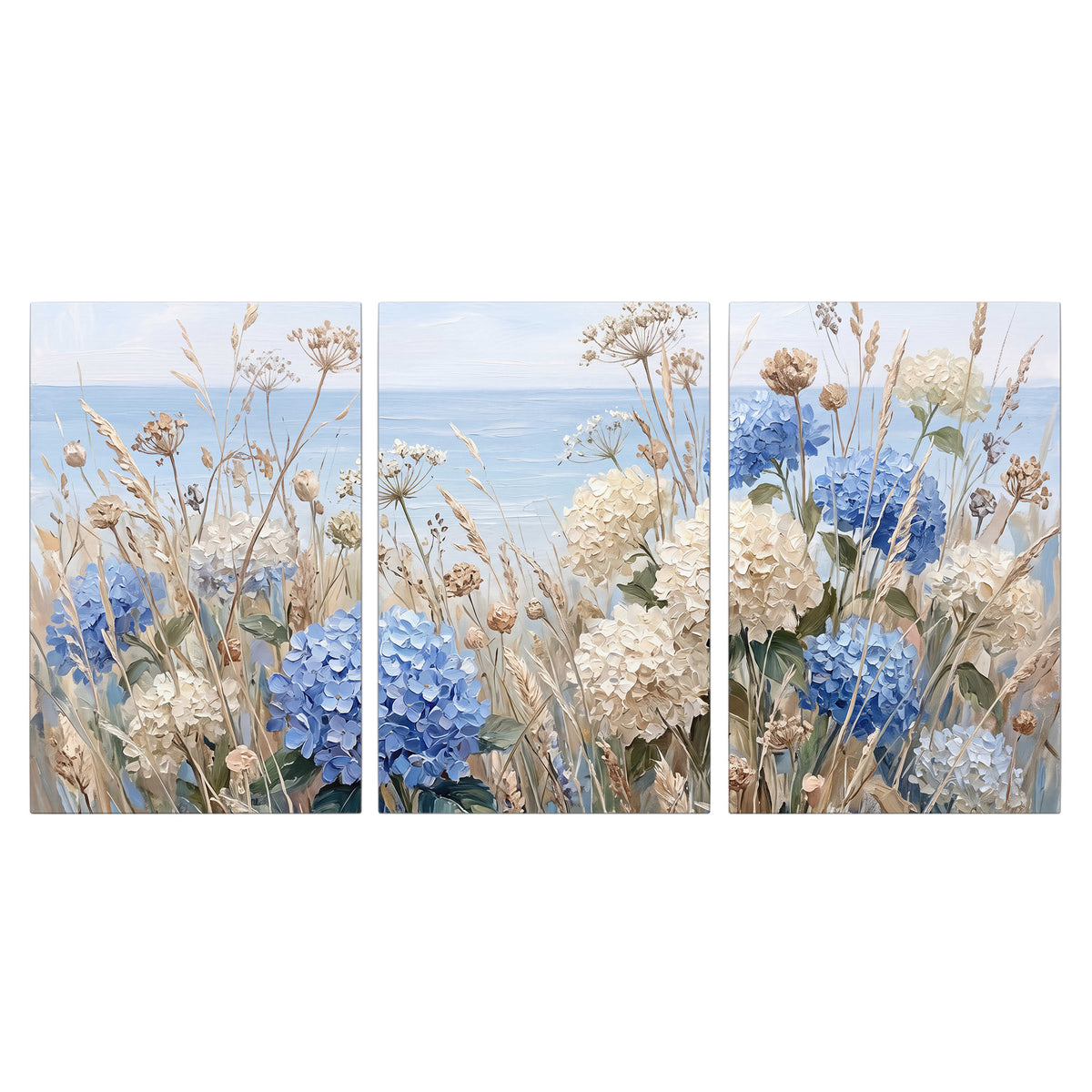Blue hydrangeas and delicate ivory wildflowers beneath a pale blue sky 3 piece canvas wall art viewed straight on