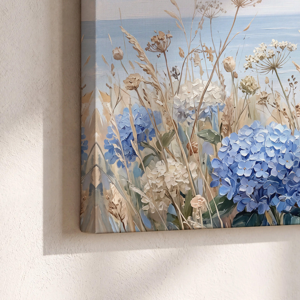 Blue hydrangeas and delicate ivory wildflowers beneath a pale blue sky 3 piece canvas wall art material and edge close up