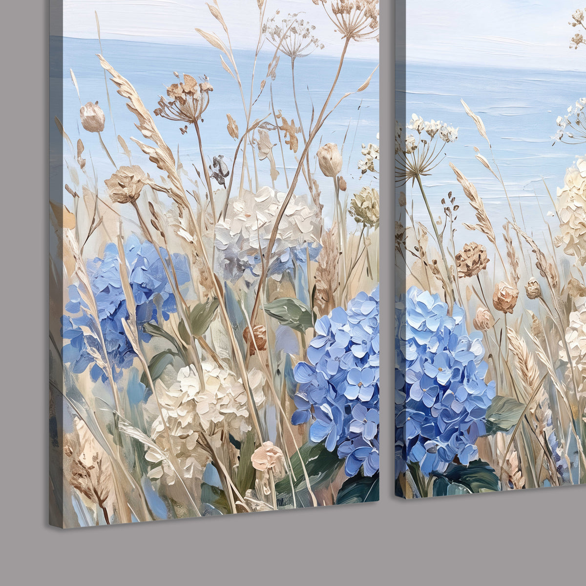 Blue hydrangeas and delicate ivory wildflowers beneath a pale blue sky 3 piece canvas wall art room and product view