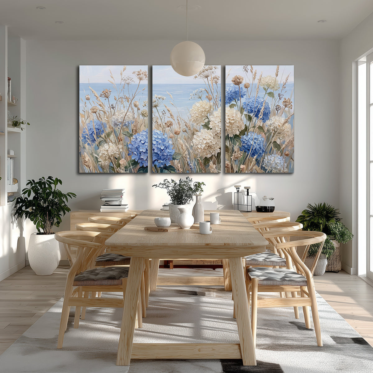 Blue hydrangeas and delicate ivory wildflowers beneath a pale blue sky 3 piece canvas wall art room and product view
