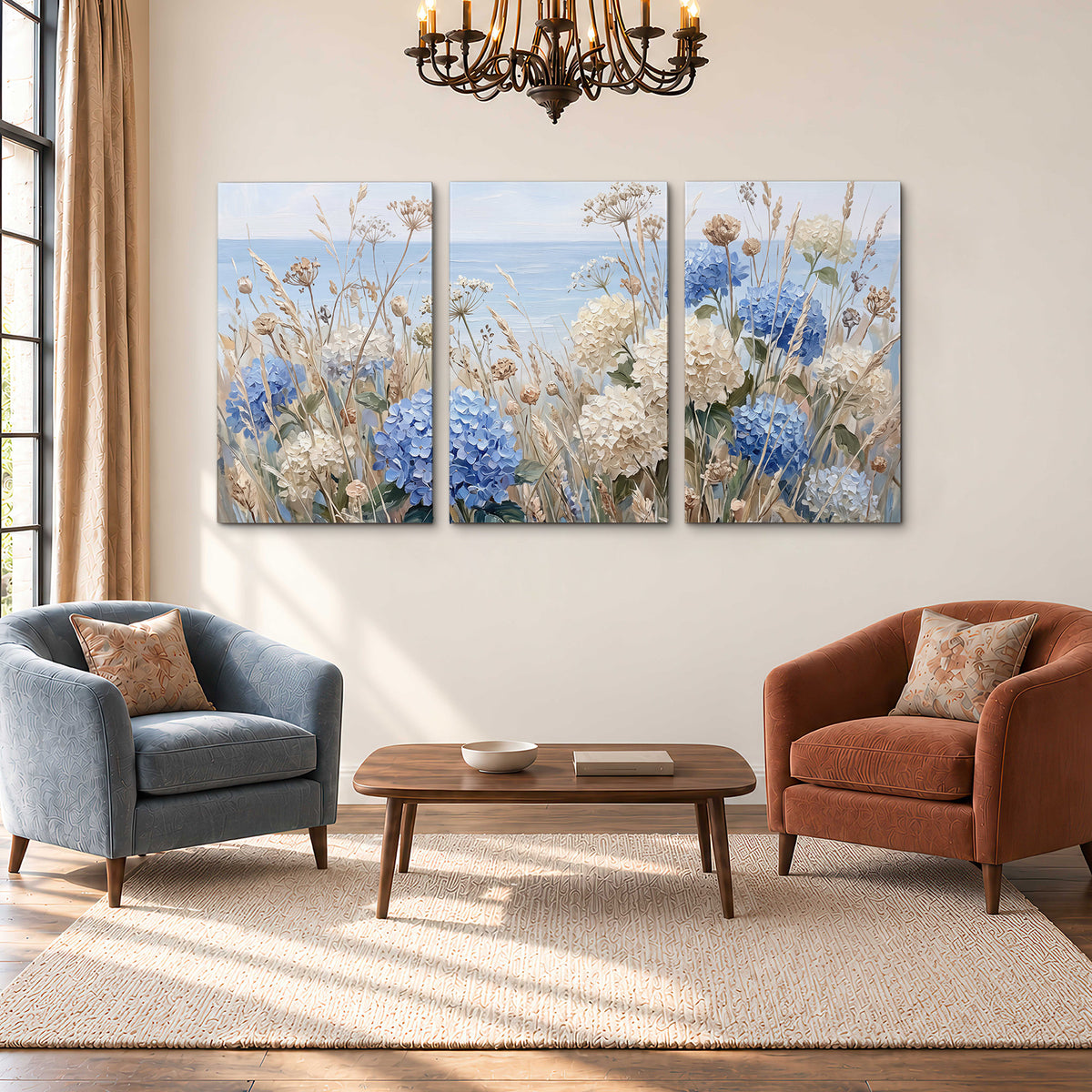 Blue hydrangeas and delicate ivory wildflowers beneath a pale blue sky 3 piece canvas wall art styled in an interior