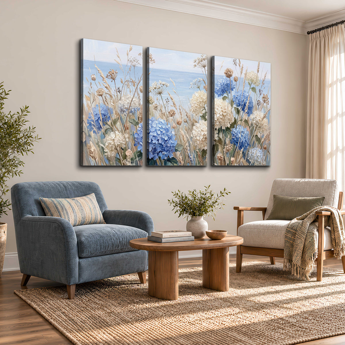 Blue hydrangeas and delicate ivory wildflowers beneath a pale blue sky 3 piece canvas wall art styled in an interior