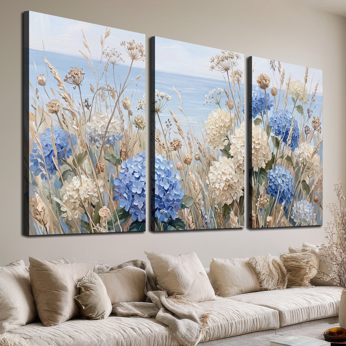 Blue hydrangeas and delicate ivory wildflowers beneath a pale blue sky 3 piece canvas wall art room and product view