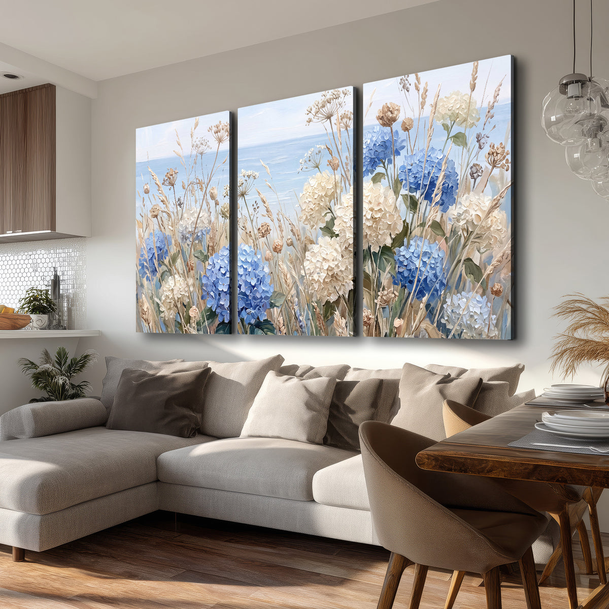 Blue hydrangeas and delicate ivory wildflowers beneath a pale blue sky 3 piece canvas wall art room and product view