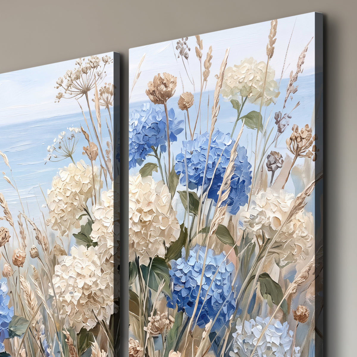Blue hydrangeas and delicate ivory wildflowers beneath a pale blue sky 3 piece canvas wall art room and product view