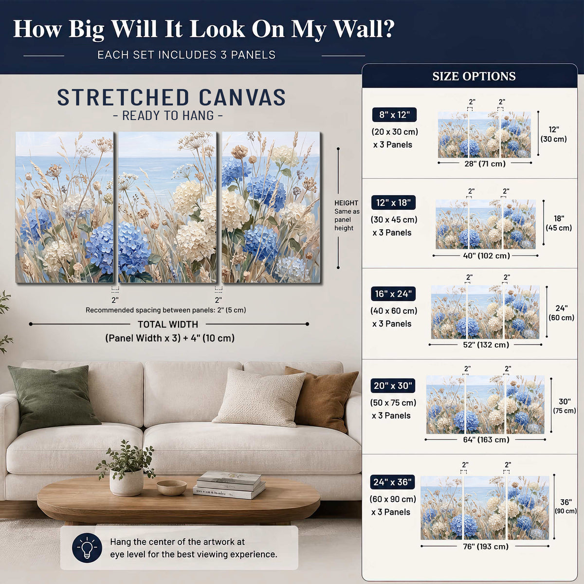 Blue hydrangeas and delicate ivory wildflowers beneath a pale blue sky 3 piece canvas wall art size guide above a sofa; room view is illustrative