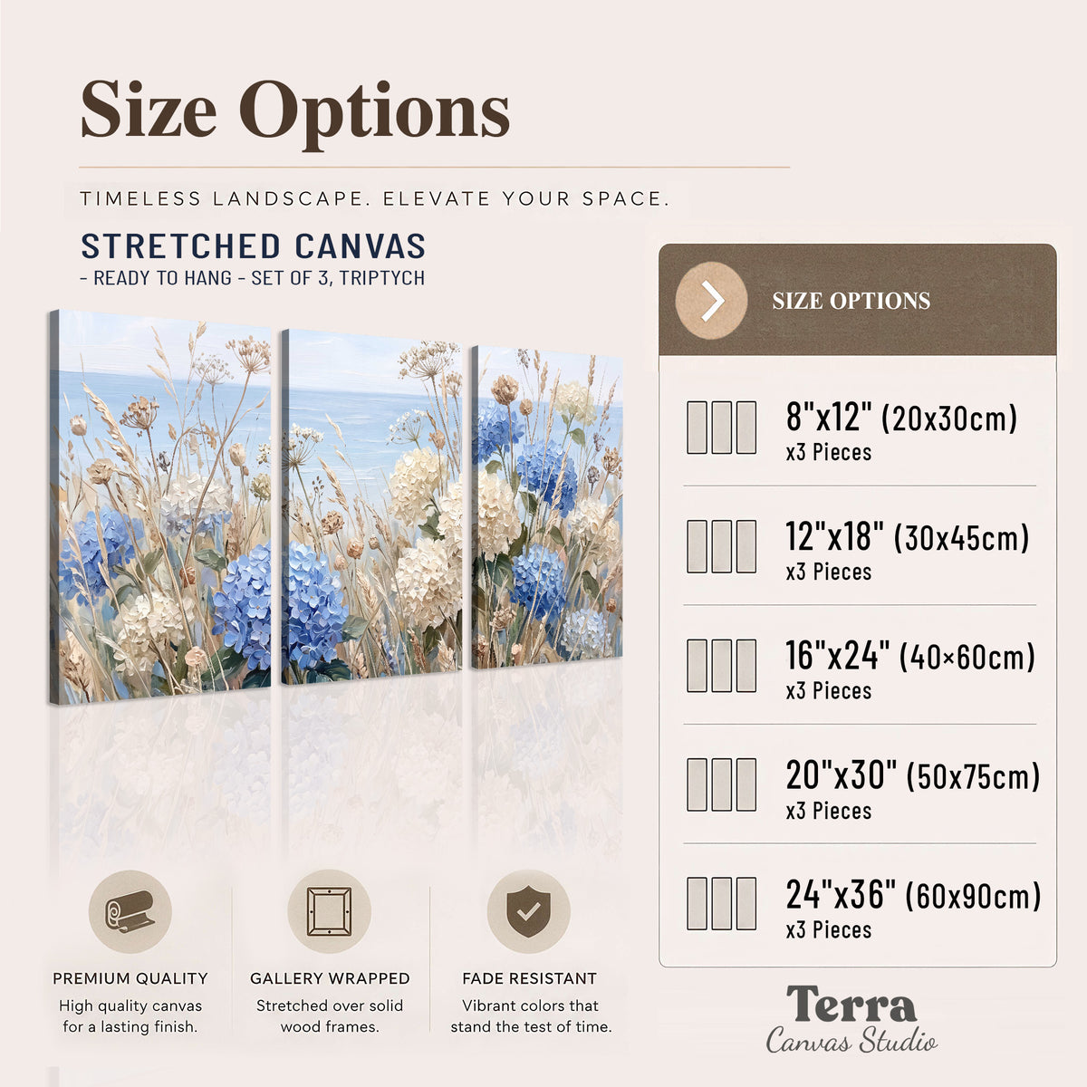 Blue hydrangeas and delicate ivory wildflowers beneath a pale blue sky 3 piece canvas wall art available dimensions; triptych dimensions are per panel